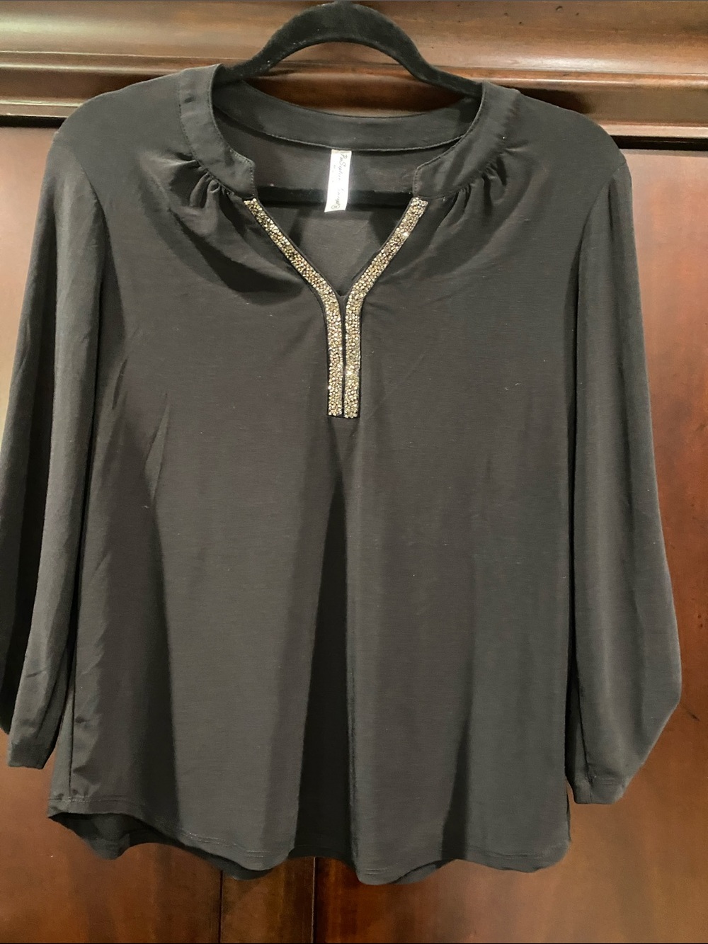 PerSeption Concept Black Long Sleeve Top with Gold Beaded V-Neck